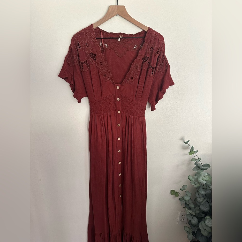Free People Rust Red Button-Front Midi Dress